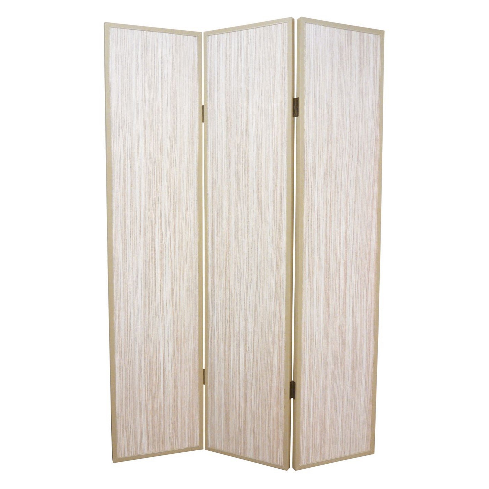 71 Inch Folding Screen Room Divider, 3 Textured Panels, Gray Leather Trim