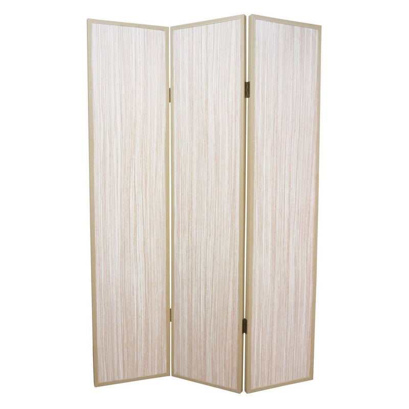 71 Inch Folding Screen Room Divider, 3 Textured Panels, Gray Leather Trim-zoom-