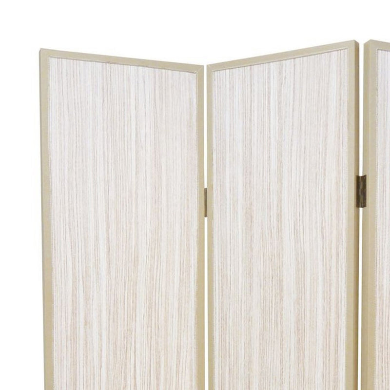 71 Inch Folding Screen Room Divider, 3 Textured Panels, Gray Leather Trim-zoom-