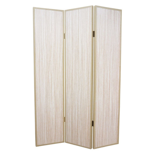 71 Inch Folding Screen Room Divider, 3 Textured Panels, Gray Leather Trim