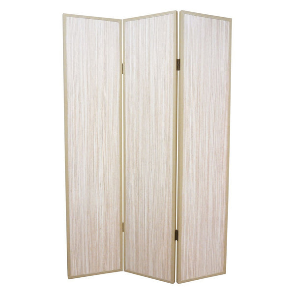71 Inch Folding Screen Room Divider, 3 Textured Panels, Gray Leather Trim