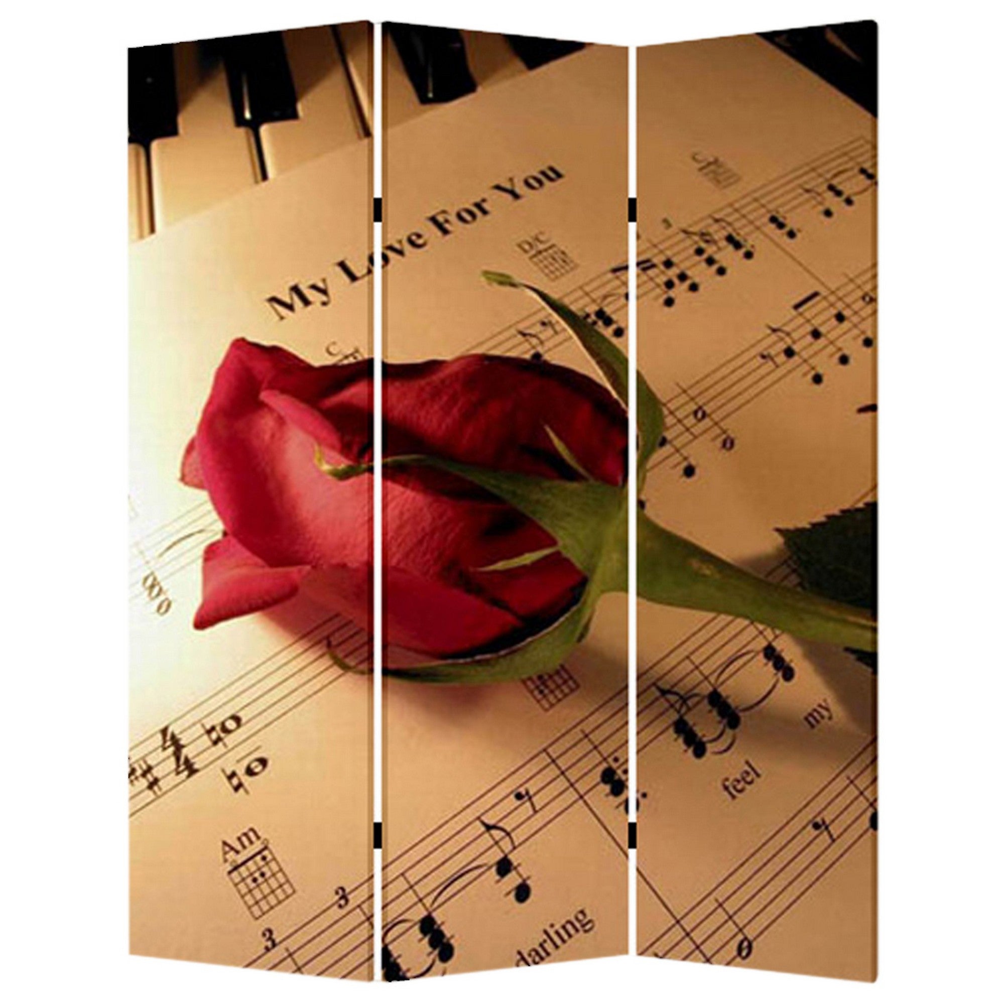 Liva 71 Inch Modern Folding Screen Room Divider, Rose and Sheet Music-zoom-1