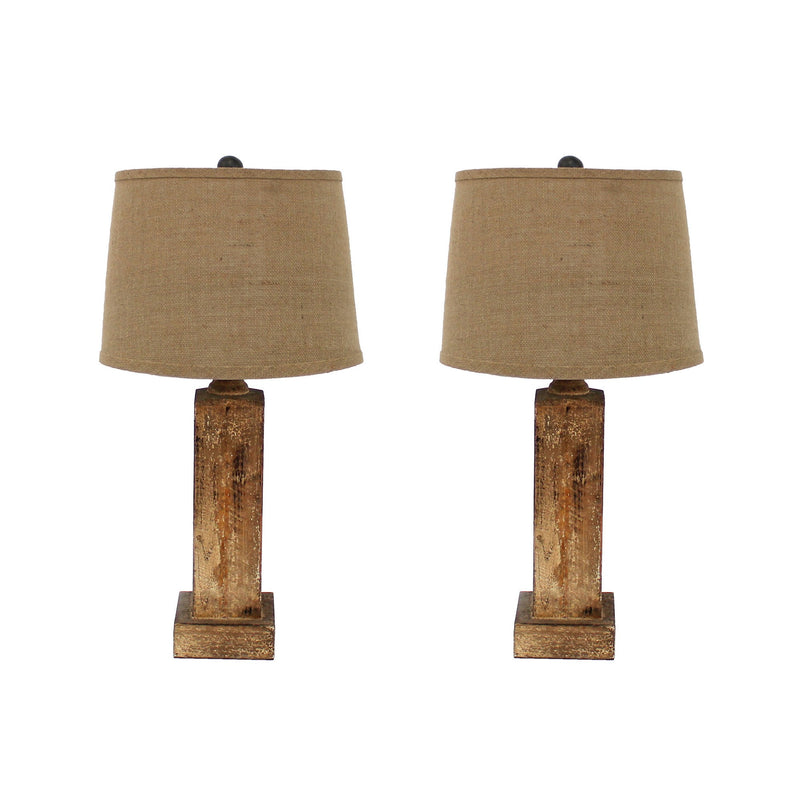 27 Inch Rustic Table Lamp Round Linen Shade Distressed Wood Base Khaki-zoom-