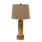 27 Inch Rustic Table Lamp Round Linen Shade Distressed Wood Base Khaki