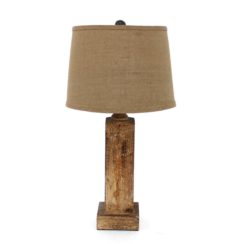 27 Inch Rustic Table Lamp Round Linen Shade Distressed Wood Base Khaki-zoom-