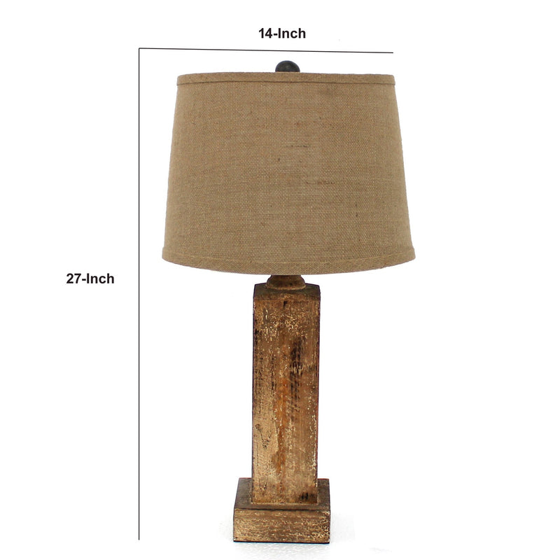 27 Inch Rustic Table Lamp Round Linen Shade Distressed Wood Base Khaki-zoom-