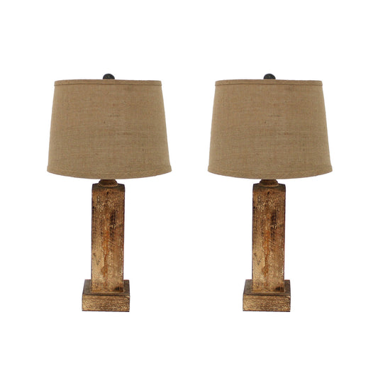 27 Inch Rustic Table Lamp Round Linen Shade Distressed Wood Base Khaki