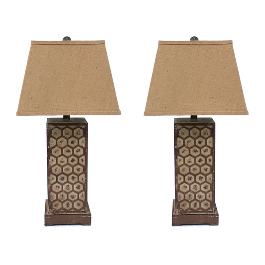 29 Inch Industrial Table Lamp Line Shade Honeycombed Metal Base