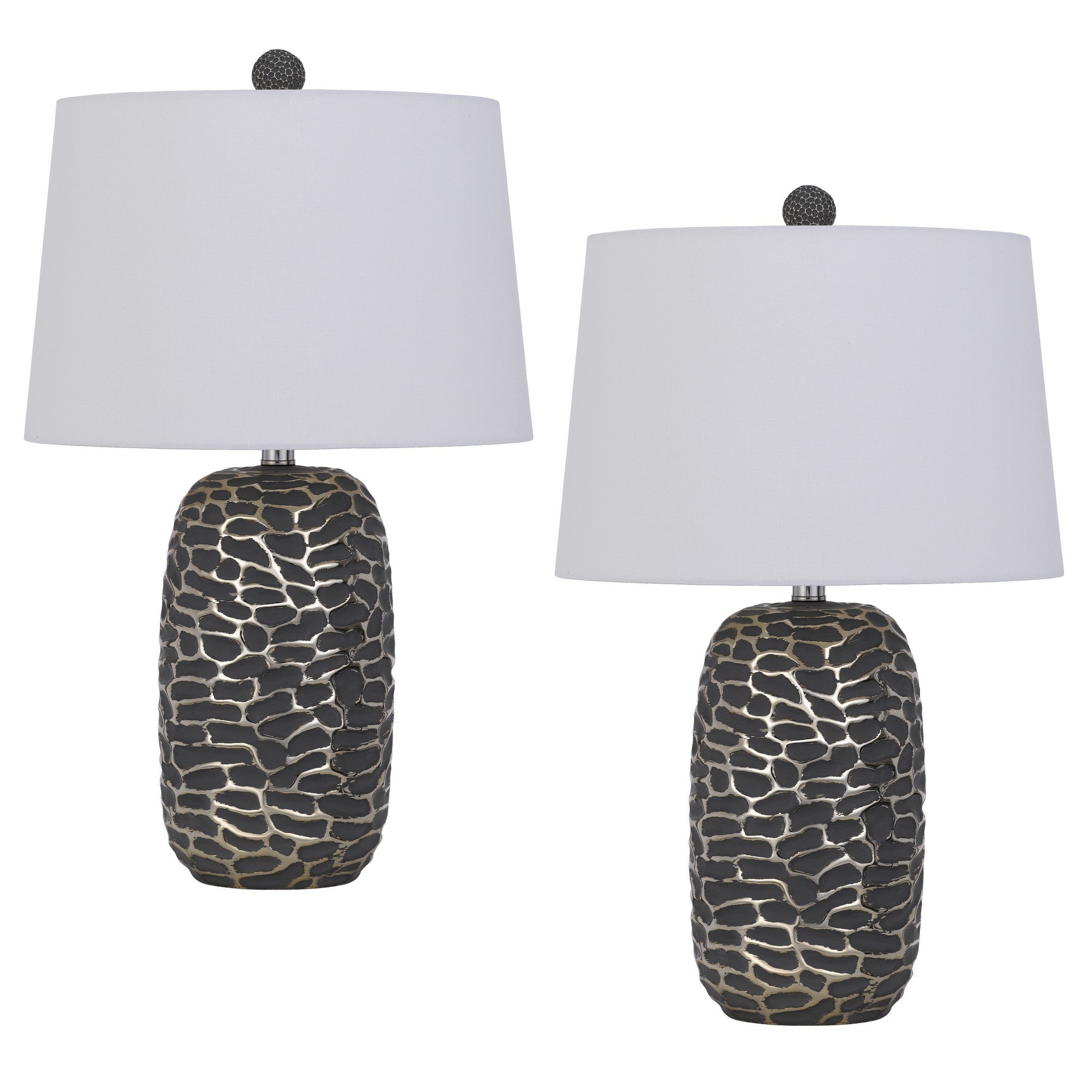 25 Inch Oval Table Lamp Set of 2 White Fabric Drum Shade Black Silver-zoom-1