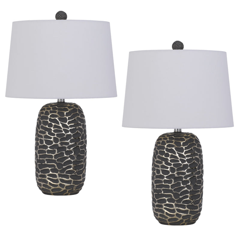 25 Inch Oval Table Lamp Set of 2 White Fabric Drum Shade Black Silver-zoom-