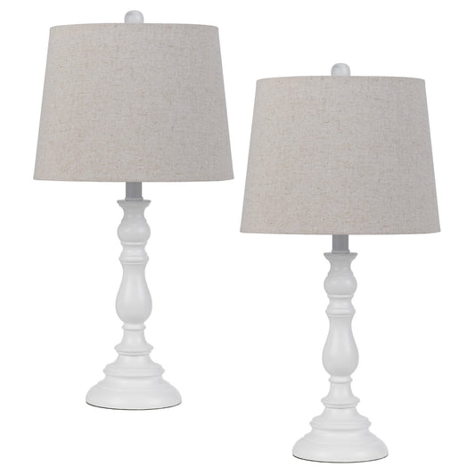 28 Inch Table Lamp Set of 2 Beige Fabric Shades White Turned Frame