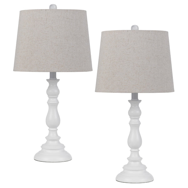 28 Inch Table Lamp Set of 2 Beige Fabric Shades White Turned Frame