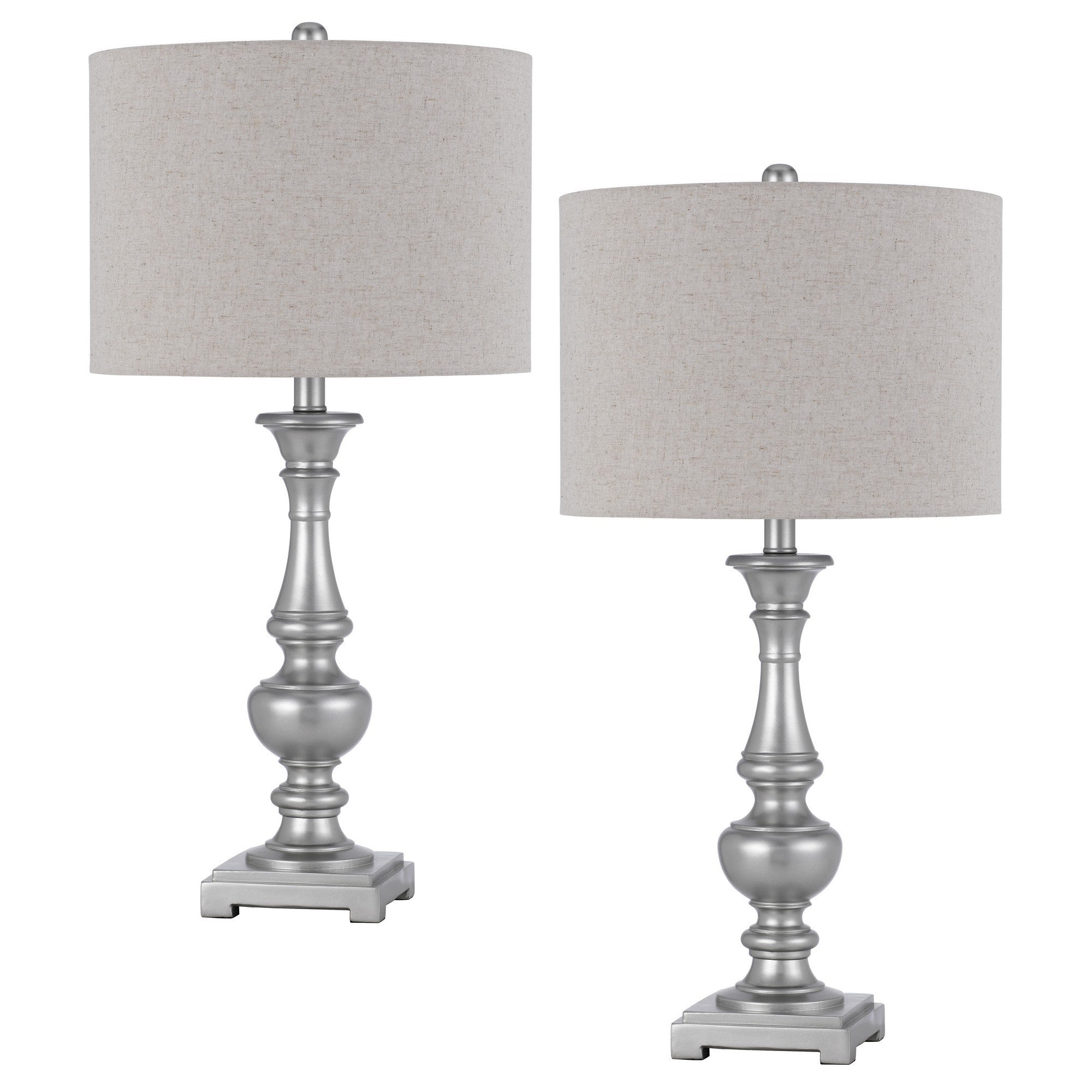 28 Inch Table Lamp Set of 2 Beige Fabric Shade Silver Carved Frame-zoom-1