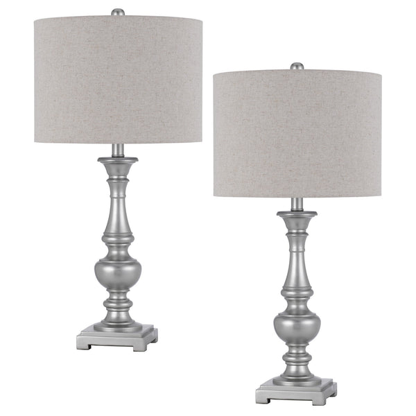28 Inch Table Lamp Set of 2 Beige Fabric Shade Silver Carved Frame