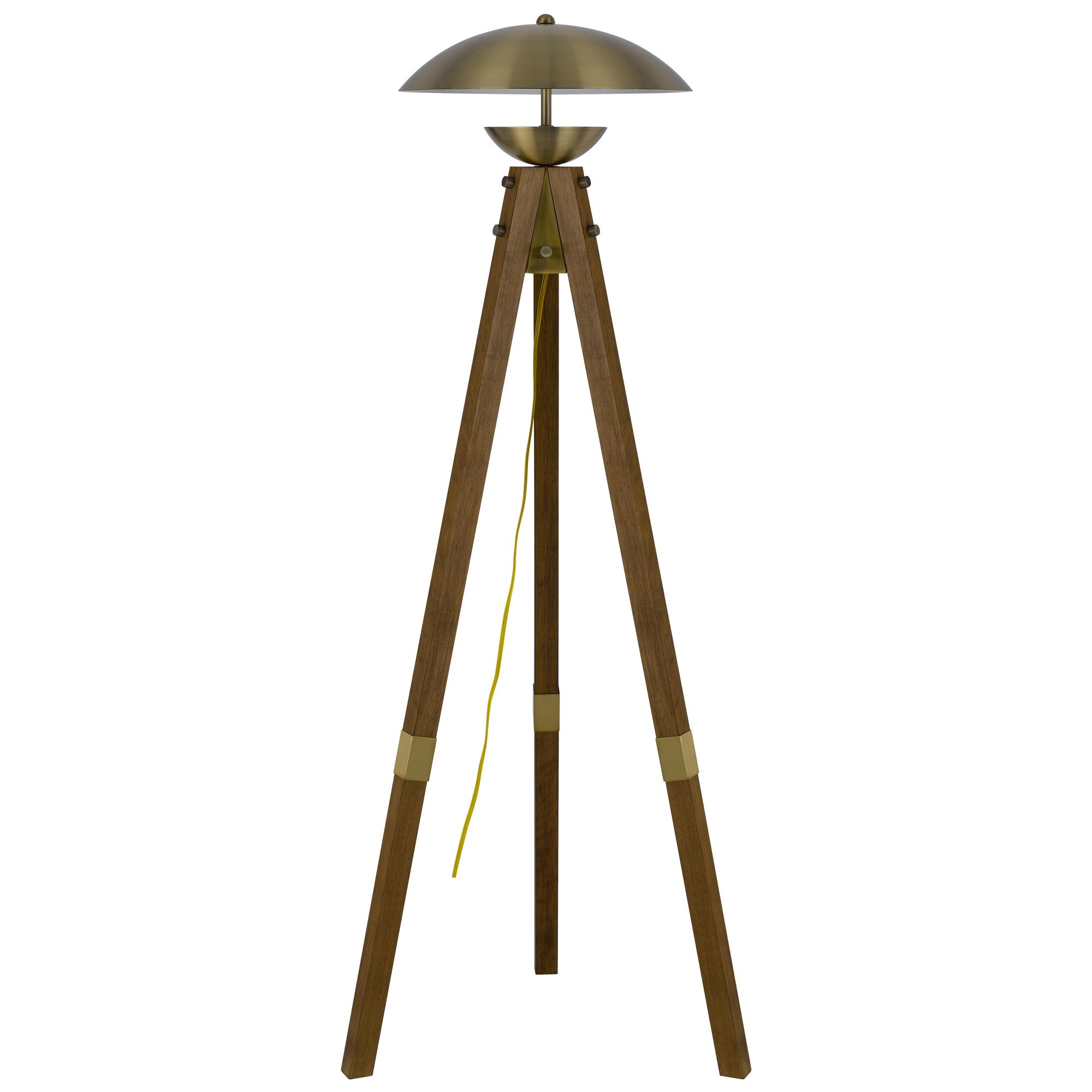 55 Inch Wood Tripod Floor Lamp Half Domed Metal Shade Antique Brass