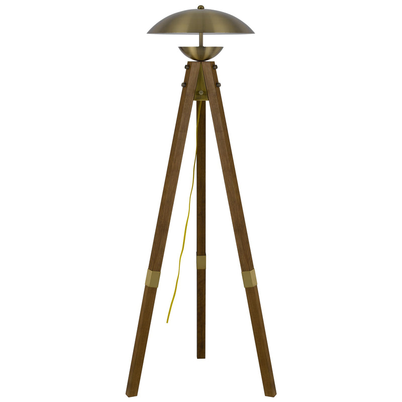 55 Inch Wood Tripod Floor Lamp Half Domed Metal Shade Antique Brass-zoom-