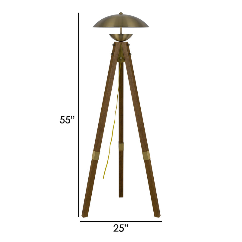 55 Inch Wood Tripod Floor Lamp Half Domed Metal Shade Antique Brass-zoom-