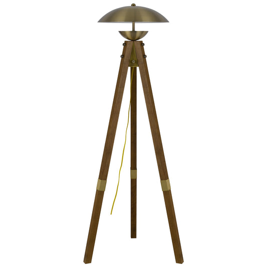 55 Inch Wood Tripod Floor Lamp Half Domed Metal Shade Antique Brass