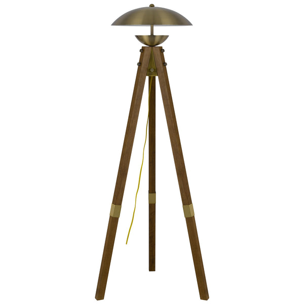 55 Inch Wood Tripod Floor Lamp Half Domed Metal Shade Antique Brass
