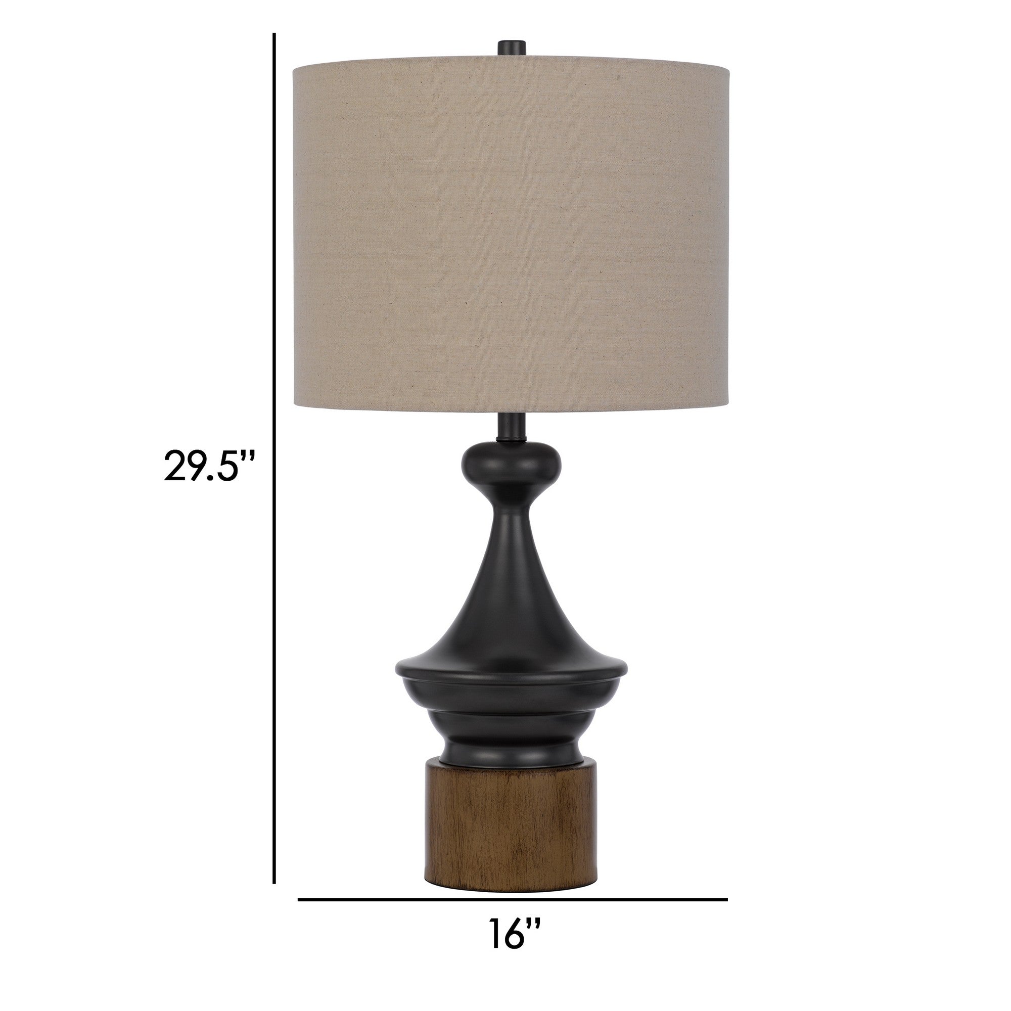 30 Inch 3 Way Rubberwood Table Lamp Beige Fabric Shade Black Metal Body-zoom-5