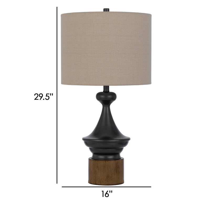 30 Inch 3 Way Rubberwood Table Lamp Beige Fabric Shade Black Metal Body-zoom-