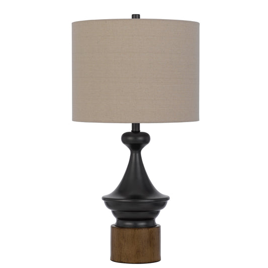 30 Inch 3 Way Rubberwood Table Lamp Beige Fabric Shade Black Metal Body
