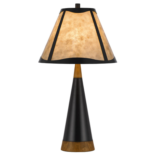 30 Inch 3 Way Table Lamp Beige Mica Shade Rubberwood and Black Metal Body