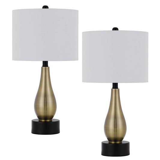 23 Inch Pear Shaped Table Lamp Set of 2 Fabric Cylinder Shade Black Gold