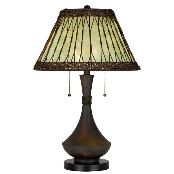 26 Inch Table Lamp Bamboo Woven Stained Green Shade Wicker Trim Bronze