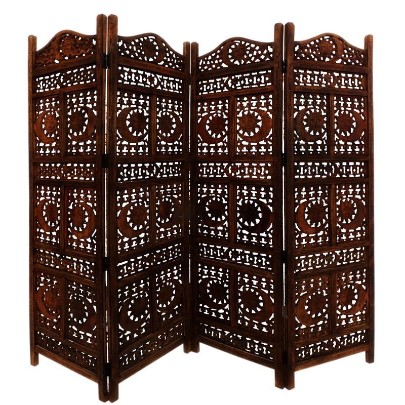 71 Inch 4 Panel Mango Wood Room Divider, Hand Carved, Sun & Moon Design, Brown-zoom-