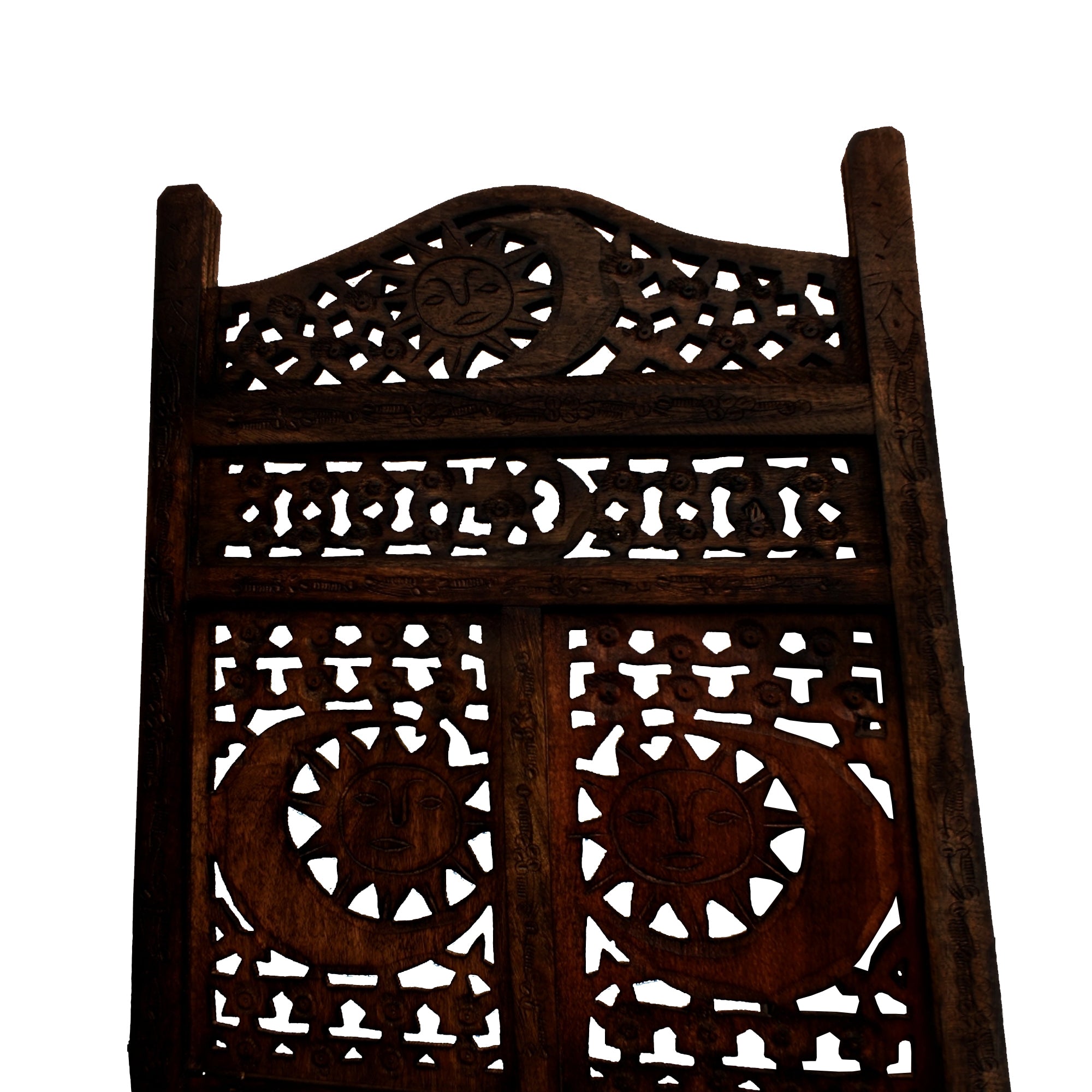 71 Inch 4 Panel Mango Wood Room Divider, Hand Carved, Sun & Moon Design, Brown-zoom-3