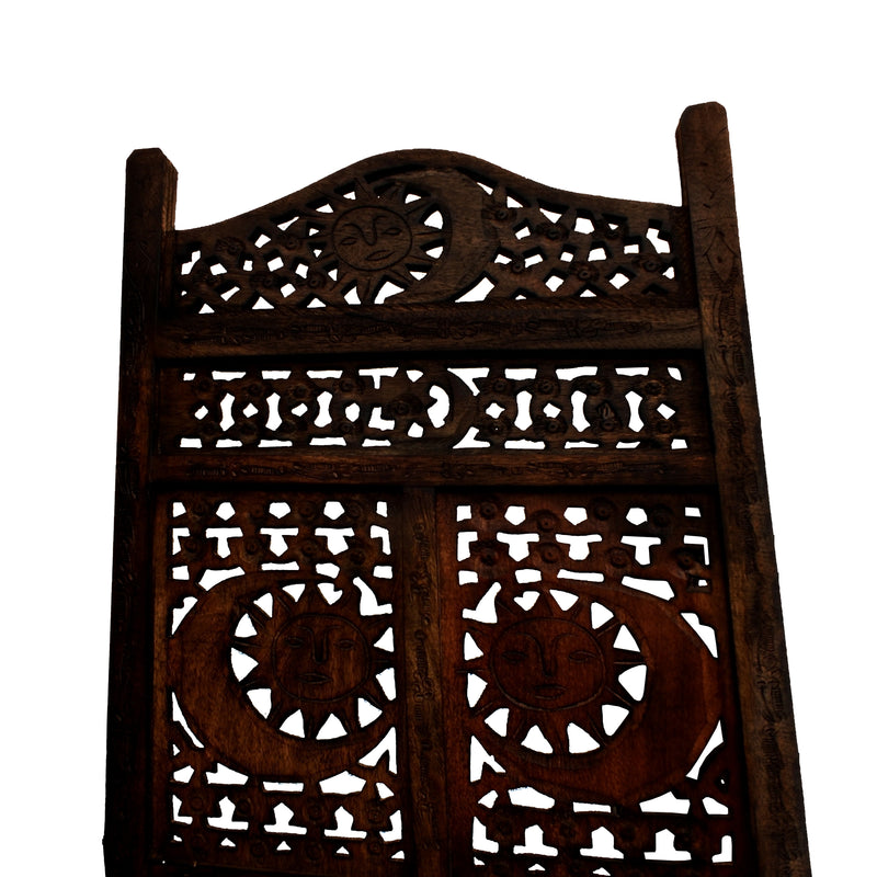 71 Inch 4 Panel Mango Wood Room Divider, Hand Carved, Sun & Moon Design, Brown-zoom-