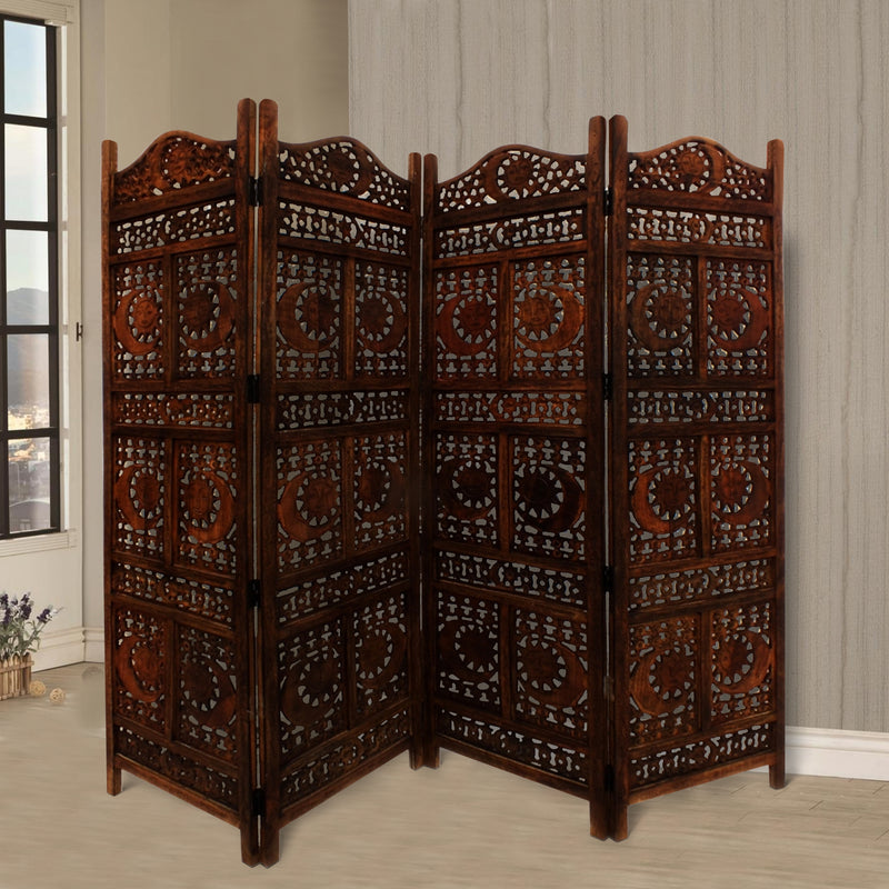 71 Inch 4 Panel Mango Wood Room Divider, Hand Carved, Sun & Moon Design, Brown-zoom-