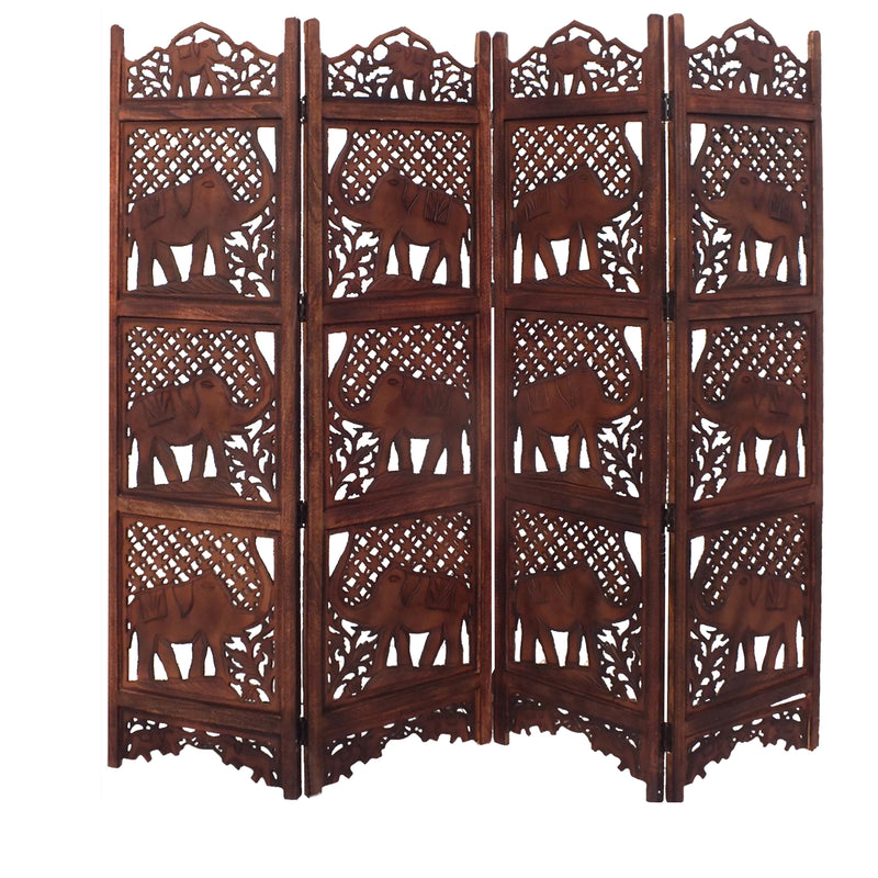 Hand Carved Elephant Design Foldable 4 Panel Wooden Room Divider, Brown-zoom-