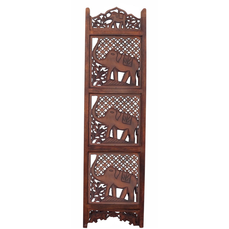 Hand Carved Elephant Design Foldable 4 Panel Wooden Room Divider, Brown-zoom-