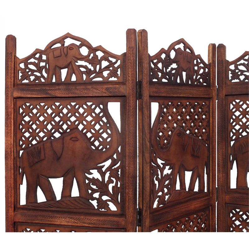 Hand Carved Elephant Design Foldable 4 Panel Wooden Room Divider, Brown-zoom-