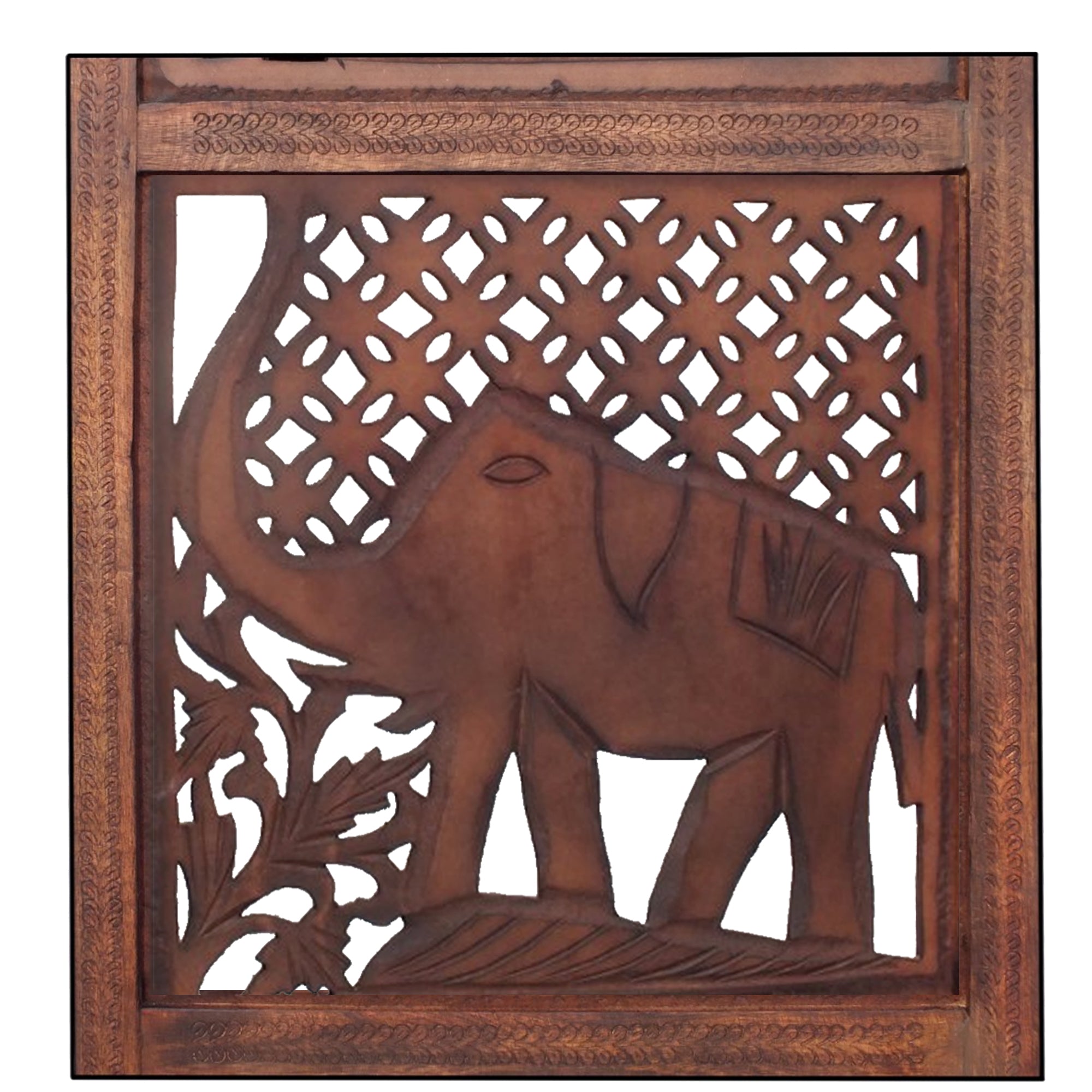 Hand Carved Elephant Design Foldable 4 Panel Wooden Room Divider, Brown-zoom-4