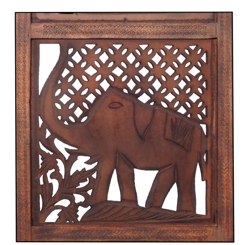 Hand Carved Elephant Design Foldable 4 Panel Wooden Room Divider, Brown-zoom-