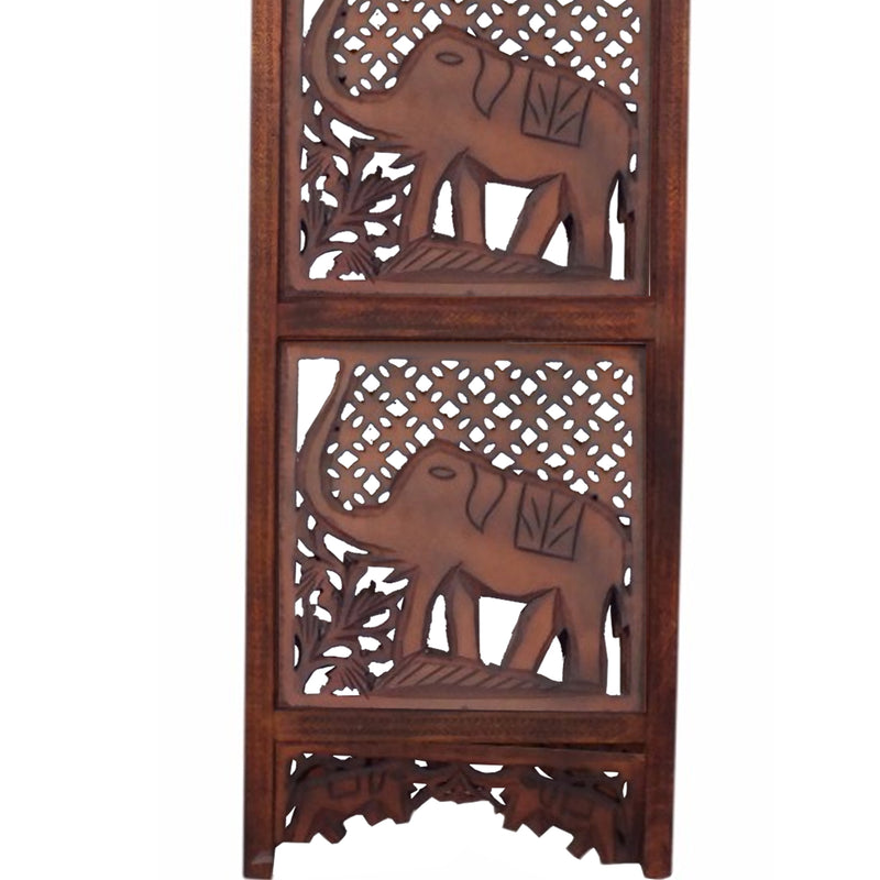 Hand Carved Elephant Design Foldable 4 Panel Wooden Room Divider, Brown-zoom-