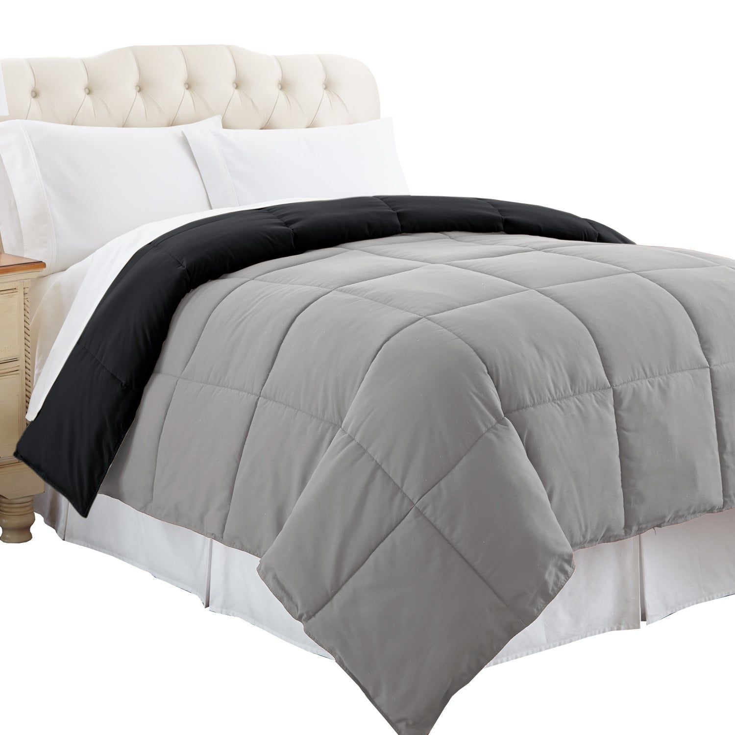 Genoa Queen Size Box Quilted Reversible Comforter The Urban Port Black And Silver-zoom-3
