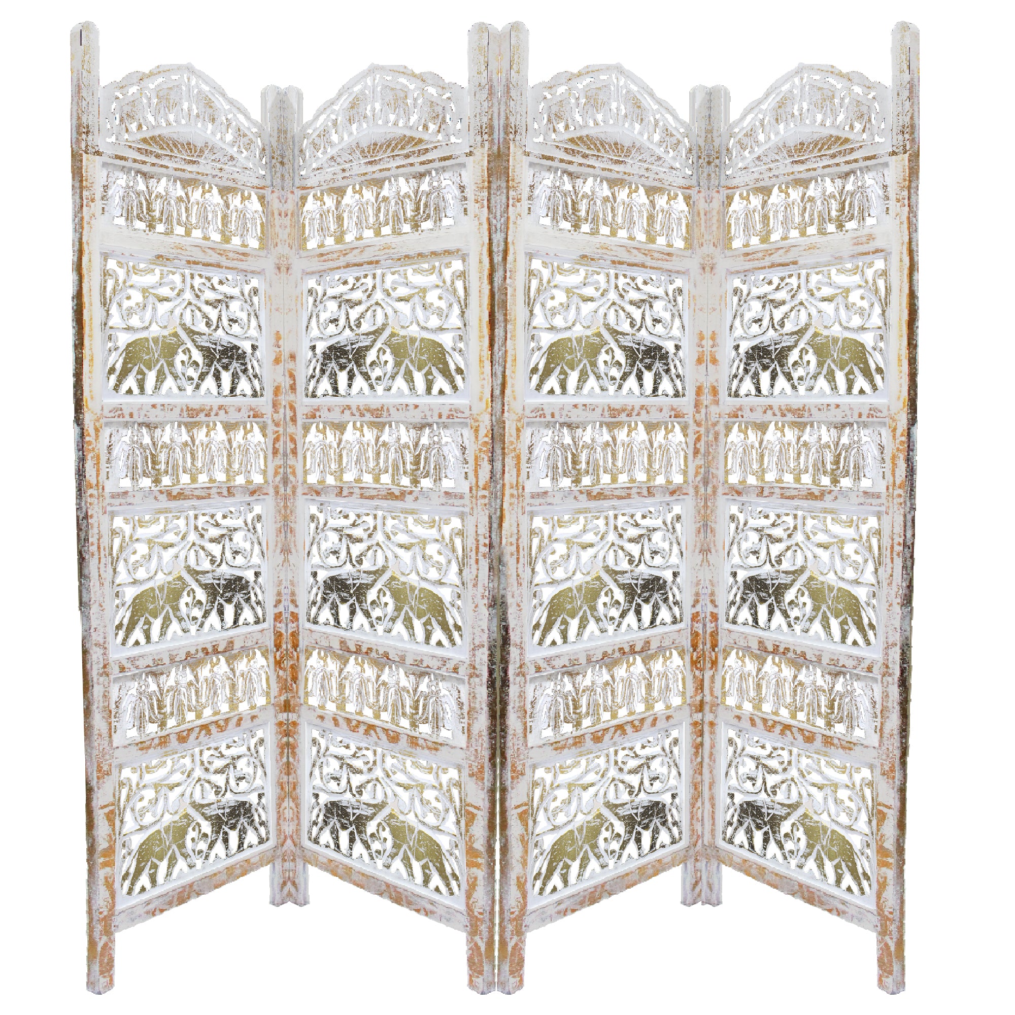 Classic 4 Panel Mango Wood Room Divider with Elephant Carvings, Gold and White-zoom-1
