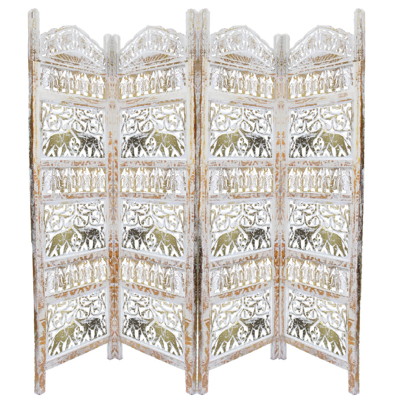 Classic 4 Panel Mango Wood Room Divider with Elephant Carvings, Gold and White-zoom-