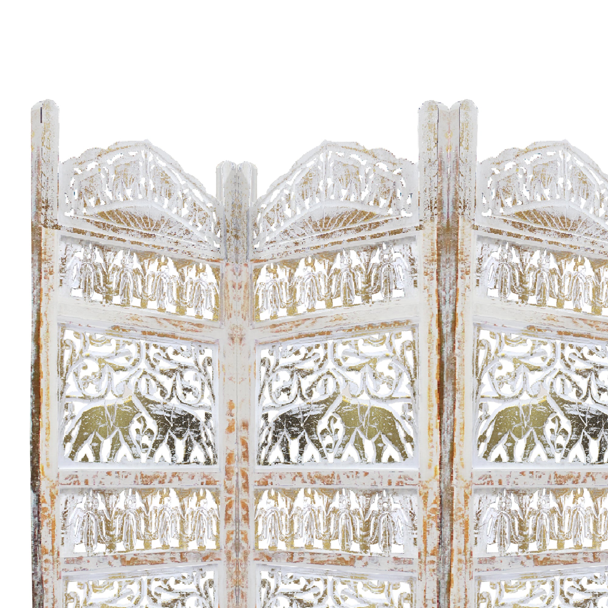 Classic 4 Panel Mango Wood Room Divider with Elephant Carvings, Gold and White-zoom-2