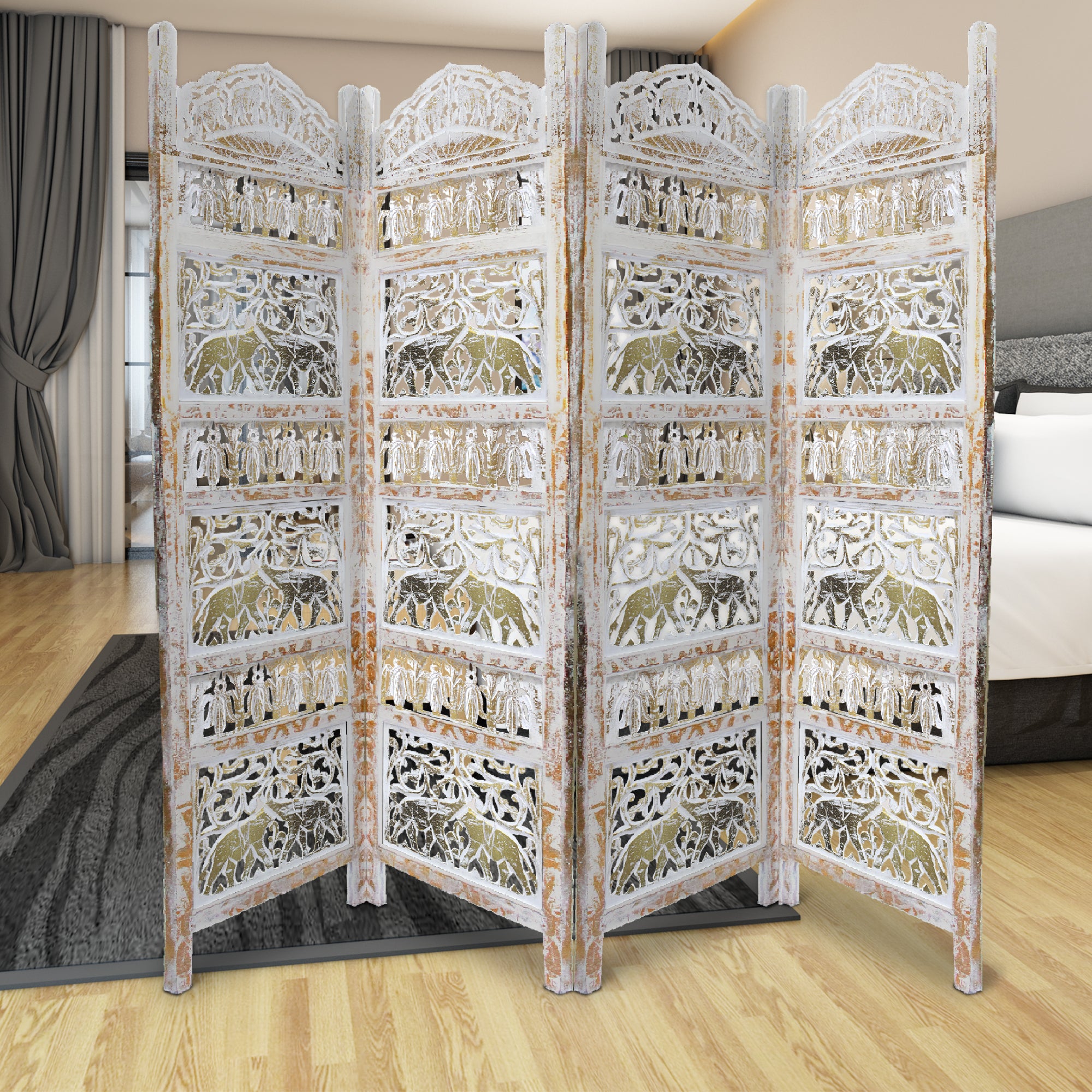 Classic 4 Panel Mango Wood Room Divider with Elephant Carvings, Gold and White-zoom-5