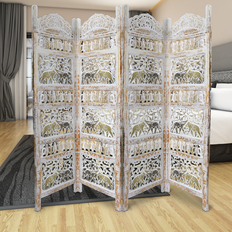 Classic 4 Panel Mango Wood Room Divider with Elephant Carvings, Gold and White-zoom-