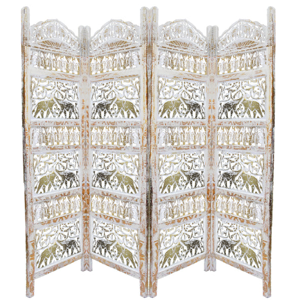 Classic 4 Panel Mango Wood Room Divider with Elephant Carvings, Gold and White