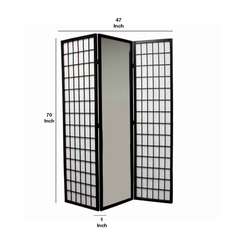 Wooden Grid Frame 3 Panel Room Divider with Mirror, Black and White-zoom-