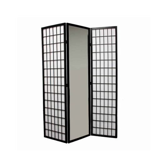 Wooden Grid Frame 3 Panel Room Divider with Mirror, Black and White