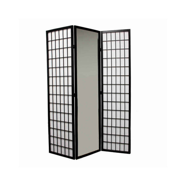 Wooden Grid Frame 3 Panel Room Divider with Mirror, Black and White