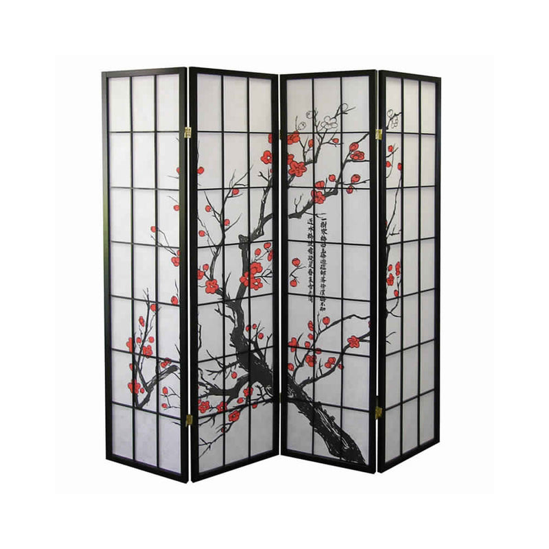 Plum Blossom Print Wood and Paper 4 Panel Room Divider, Red and Black-zoom-